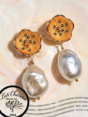 Genuine Large  White Baroque Pearl & Lotus Flower In Gold Plated Earrings